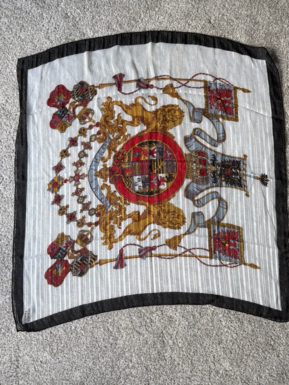 Hermes White Black Gold Red Crest Silk Scarf